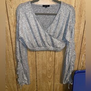 NWOT Fashion Nova Heather Grey Ruched Wide Sleeve Wrap Crop Top